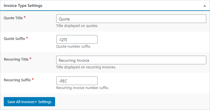 Invoices+ - Settings - Invoice Type Settings